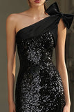 Sparkly Black One Shoulder Sheath Maxi Evening Dress With Bow