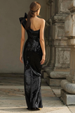 Sparkly Black One Shoulder Sheath Maxi Evening Dress With Bow