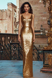 Gold Sheath Scoop Neck Maxi Evening Dress With Sequins
