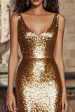 Gold Sheath Scoop Neck Maxi Evening Dress With Sequins