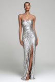 Sparkly Silver Strapless Sheath Maxi Evening Dress With Slit
