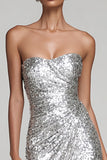 Sparkly Silver Strapless Sheath Maxi Evening Dress With Slit