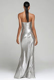 Sparkly Silver Strapless Sheath Maxi Evening Dress With Slit
