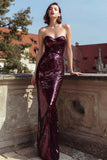 Burgundy Sweetheart Sequined Sheath Maxi Evening Dress
