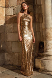 Saprkly Gold Halter Sheath Maxi Gala Dress