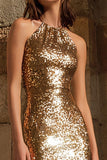 Saprkly Gold Halter Sheath Maxi Gala Dress