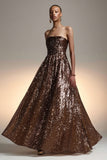 Brown Strapless Sequined A-Line Maxi Gala Dress