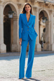 Blue 2 Piece Peak Lapel Single Breasted Slim Fit Women Suits