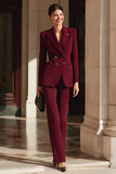 Burgundy Slim Fit Peak Lapel Double Breasted 2 Piece Women Suits
