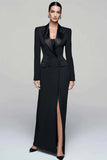 Black Peak Lapel Double Breasted Blazer Dress With Slit