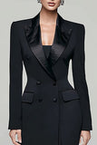 Black Peak Lapel Double Breasted Blazer Dress With Slit