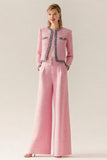 Pink Tweed 2 Piece Round Neck Women Suits With Pockets
