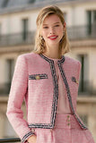 Pink Tweed 2 Piece Round Neck Women Suits With Pockets