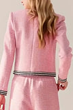 Pink Tweed 2 Piece Round Neck Women Suits With Pockets
