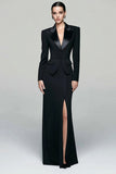 Black Peak Lapel Single Breasted 2 Piece Work Dress With Slit