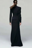 Black Peak Lapel Single Breasted 2 Piece Work Dress With Slit