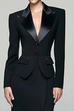 Black Peak Lapel Single Breasted 2 Piece Work Dress With Slit
