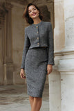 Grey Mix Tweed Pencil Single Breasted 2 Piece Midi Work Dress
