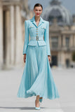 Light Blue Pleated A-Line Notched Lapel 2 Piece Work Dress With Belt