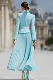 Light Blue Pleated A-Line Notched Lapel 2 Piece Work Dress With Belt