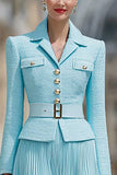 Light Blue Pleated A-Line Notched Lapel 2 Piece Work Dress With Belt