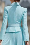 Light Blue Pleated A-Line Notched Lapel 2 Piece Work Dress With Belt