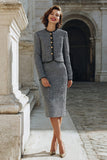 2 Piece Grey Mix Pencil Tweed Single Breasted Midi Work Dress
