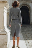 2 Piece Grey Mix Pencil Tweed Single Breasted Midi Work Dress
