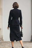 Black Notched Lapel 2 Piece Single Breasted Pencil Work Dress
