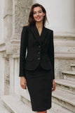2 Piece Black Peak Lapel Pencil Single Breasted Work Dress