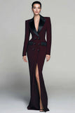 Burgundy Peak Lapel Double Breasted Blazer Dress With Slit