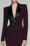 Burgundy Peak Lapel Double Breasted Blazer Dress With Slit
