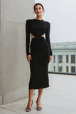 Black Sheath Cut Out Long Sleeve Midi Dress
