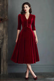 Burgundy Velvet A-Line V-Neck Midi Dress with Half Sleeves