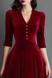 Burgundy Velvet A-Line V-Neck Midi Dress with Half Sleeves