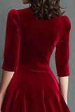 Burgundy Velvet A-Line V-Neck Midi Dress with Half Sleeves