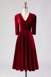 Burgundy A-Line V-Neck Midi Velvet Dress with Half Sleeves