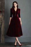 Burgundy Velvet A-Line V-Neck Midi Dress with Half Sleeves