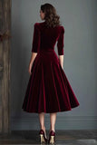 Burgundy Velvet A-Line V-Neck Midi Dress with Half Sleeves