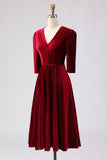 Burgundy A-Line V-Neck Midi Velvet Dress with Half Sleeves