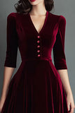 Burgundy Velvet A-Line V-Neck Midi Dress with Half Sleeves