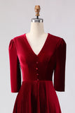 Burgundy A-Line V-Neck Midi Velvet Dress with Half Sleeves