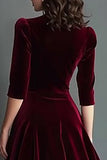 Burgundy Velvet A-Line V-Neck Midi Dress with Half Sleeves