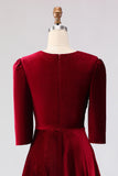 Burgundy A-Line V-Neck Midi Velvet Dress with Half Sleeves