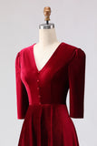Burgundy A-Line V-Neck Midi Velvet Dress with Half Sleeves