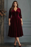 Burgundy Velvet A Line Plus Size Midi Formal Dress