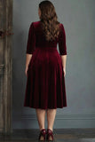 Burgundy Velvet A Line Plus Size Midi Formal Dress