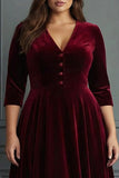 Burgundy Velvet A Line Plus Size Midi Formal Dress