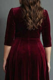 Burgundy Velvet A Line Plus Size Midi Formal Dress