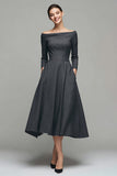 Dark Grey Bateau Neck A-Line Midi Dress with Pockets